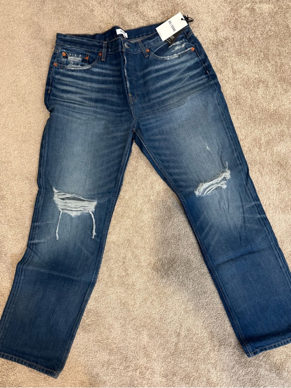 Re/Done Distressed Dark Blue Straight Jeans